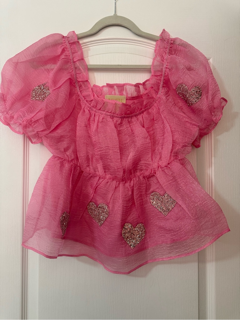 Judith March Hot Pink Sheer Peplum Top with Glitter Hearts